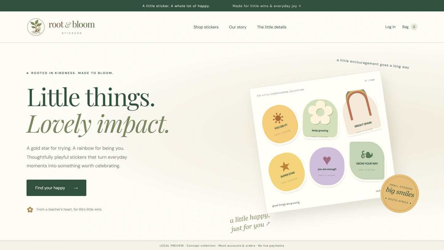 Root & Bloom Stickers website design
